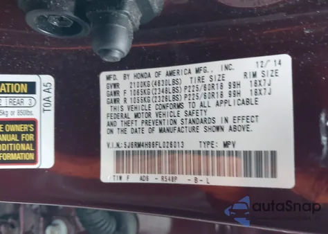 2015 Honda Cr-V Touring from USA, damaged, VIN 5J6RM4H96FL026013